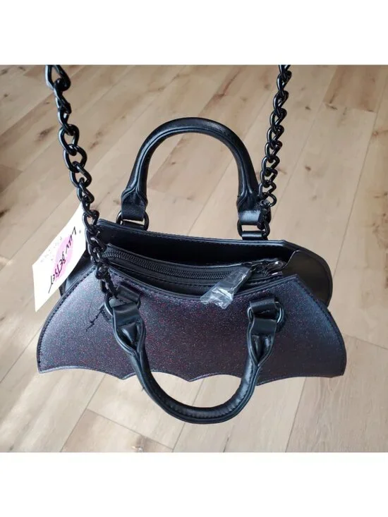 Luv Betsey Johnson Sparkle Bat Crossbody Black Bag Goth Witch Costume Halloween - Picture 12 of 12